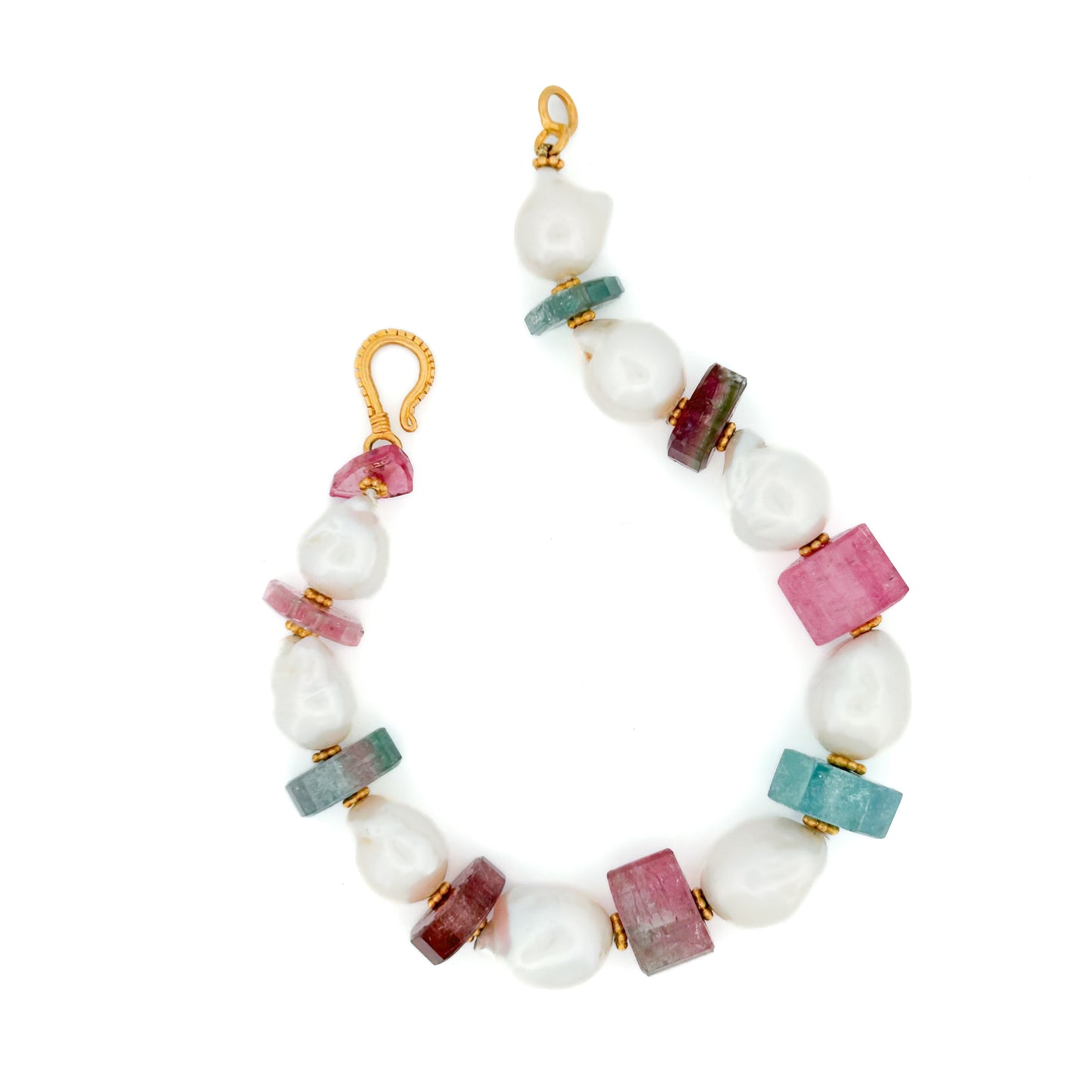 "Watermelon Lola" Bracelet (Watermelon Tourmaline, Pearl, 18K Gold)