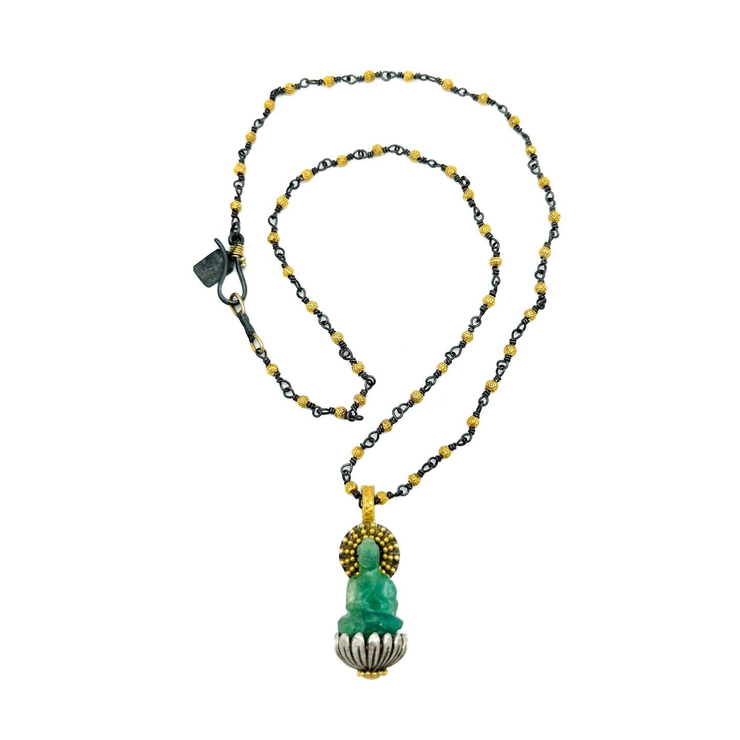 "Buddha Padma" Pendant (Carved Emerald Buddha, 22k, 18k Gold, Sterling Silver)