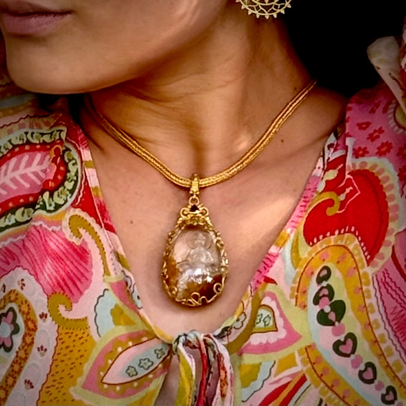 "Seat of Heaven" Pendant (Hand-Carved Quartz Crystal, Ruby, 22k Gold)