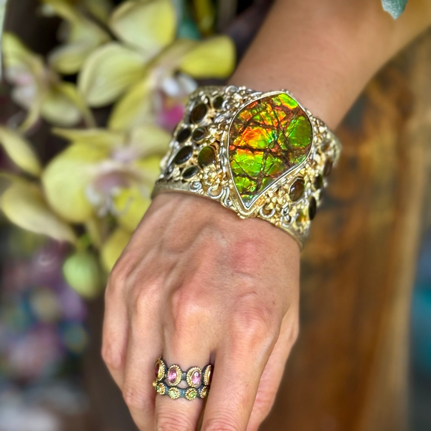 "Ammonita Arabesque" Bracelet (Ammolite, Sterling Silver, 22k Gold Vermeil, Leather)