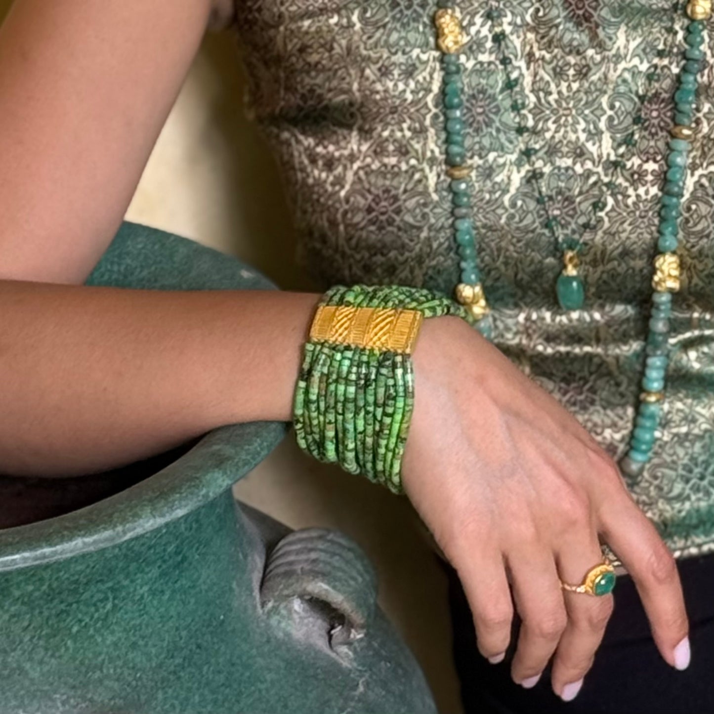 "Nefertari" Bracelet (Green Turquoise, Gaspeite Heishi Beads, 22k Gold)