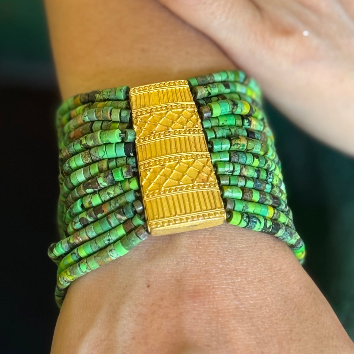 "Nefertari" Bracelet (Green Turquoise, Gaspeite Heishi Beads, 22k Gold)