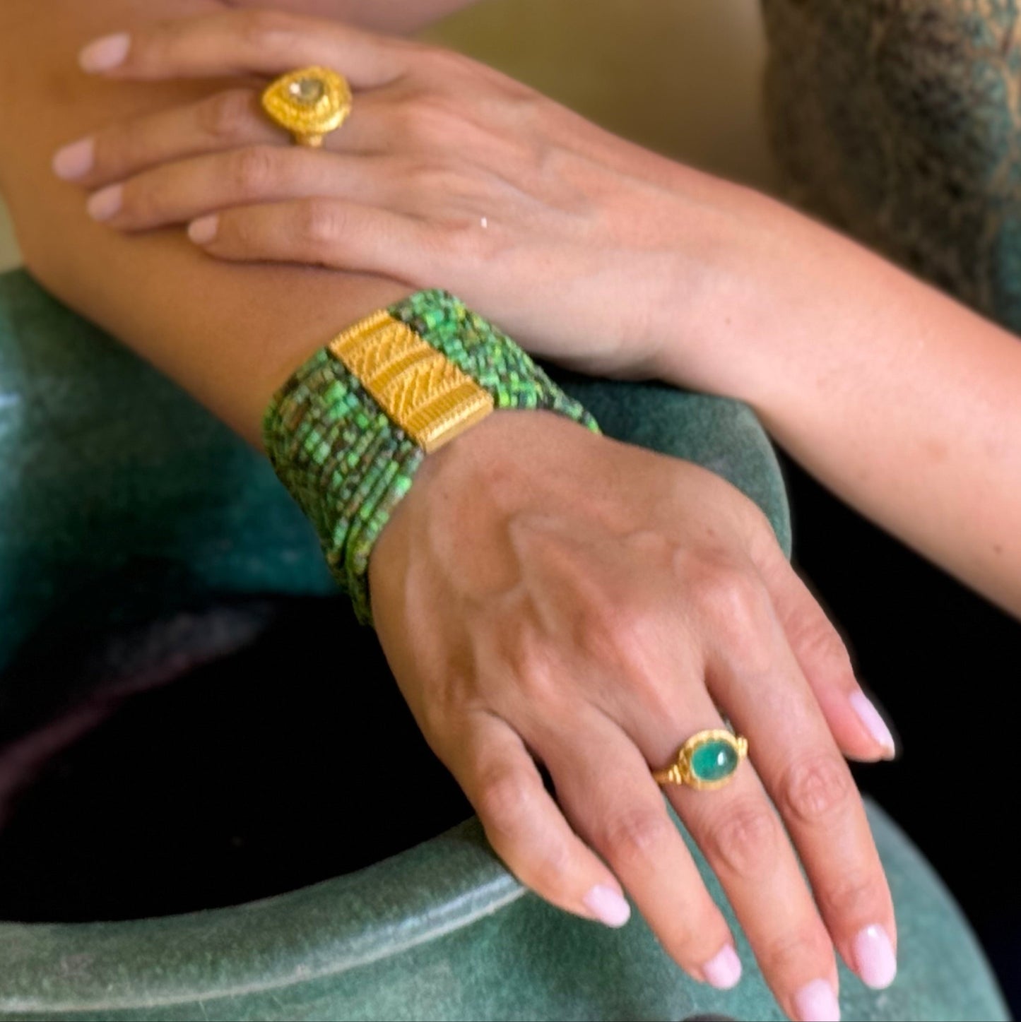 "Nefertari" Bracelet (Green Turquoise, Gaspeite Heishi Beads, 22k Gold)