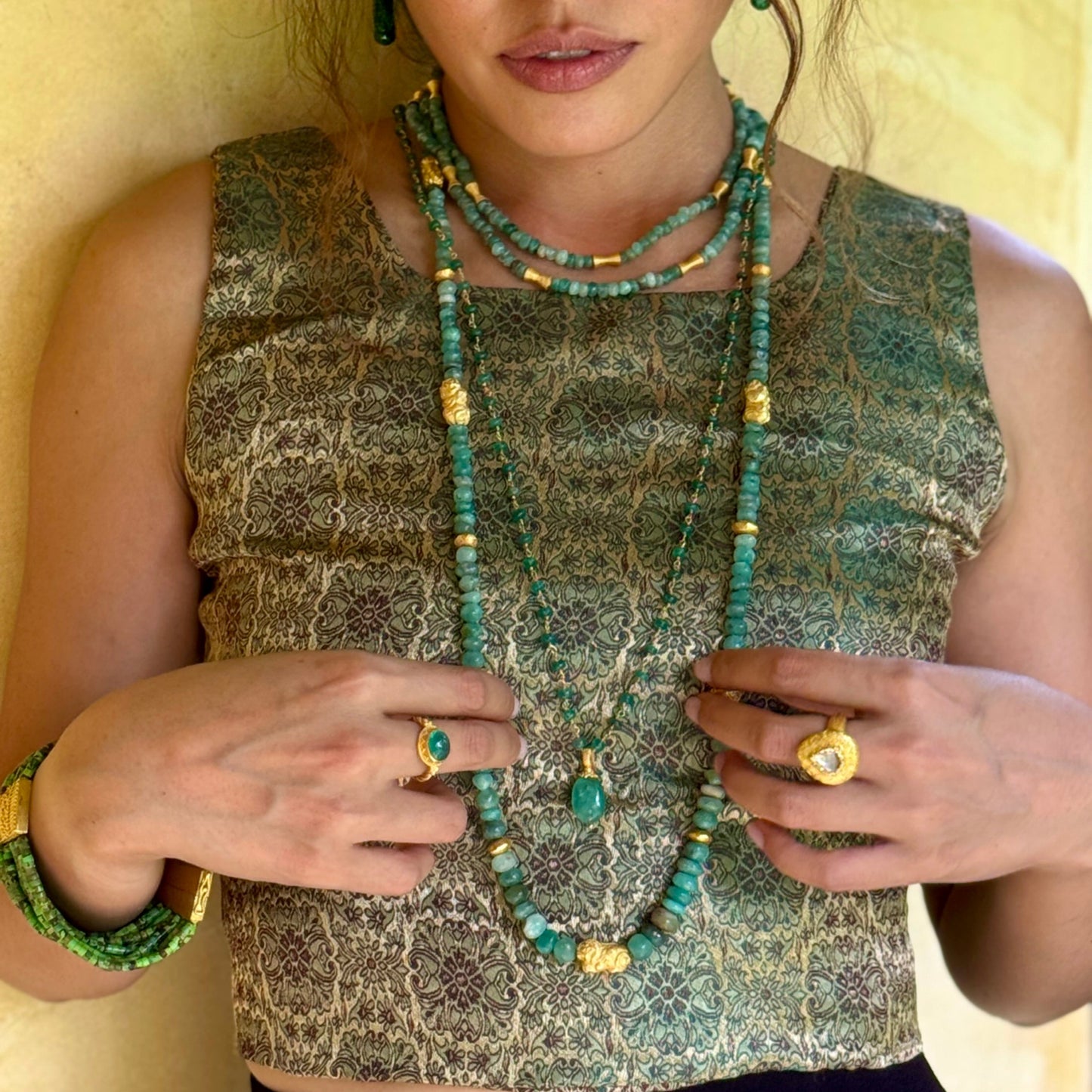 "Khmer Long Lola" Necklace (Emerald Beads, 18k, 22k Gold Beads)