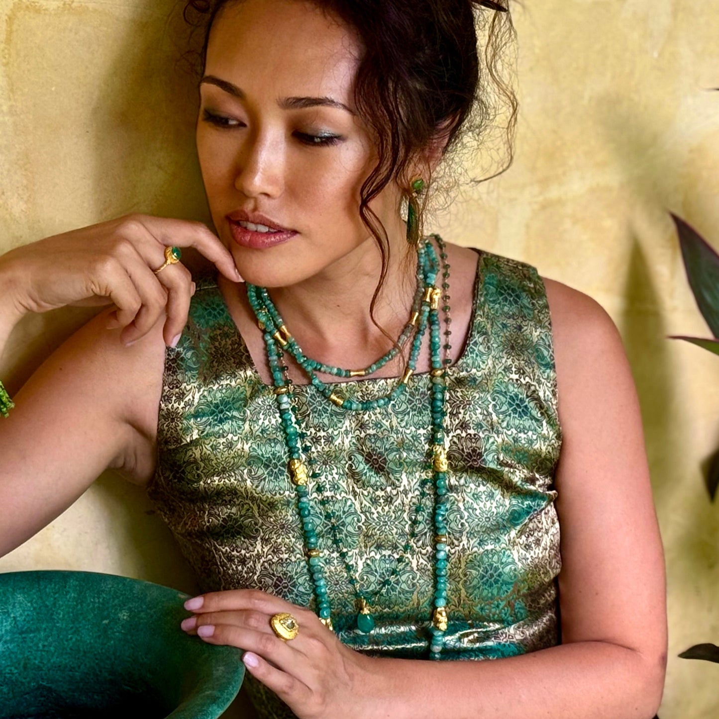"Long Lola" Necklace (Emerald Beads, 18k, 22k Gold)