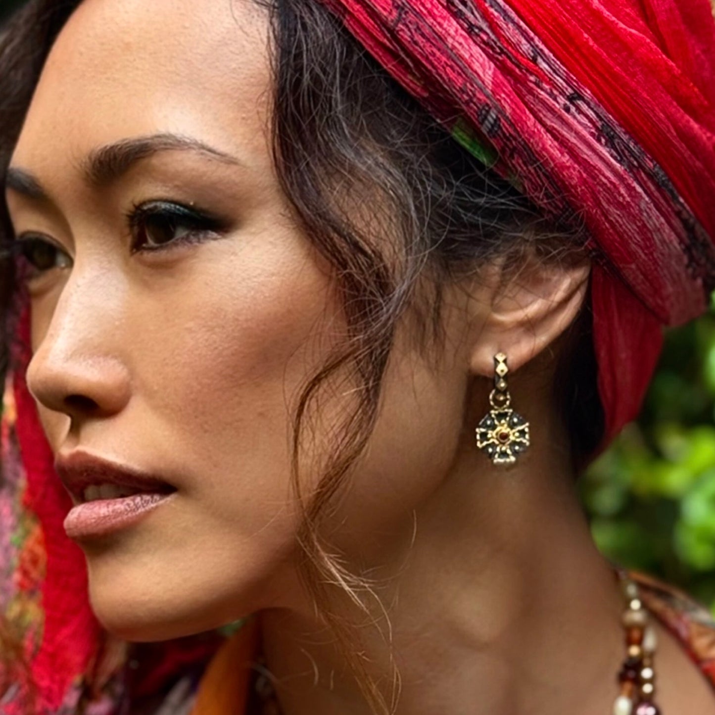 "Maltese Cross" Drops for Hoop Earrings (Tsavorite Garnet, 18k Gold, Oxidized Sterling Silver)