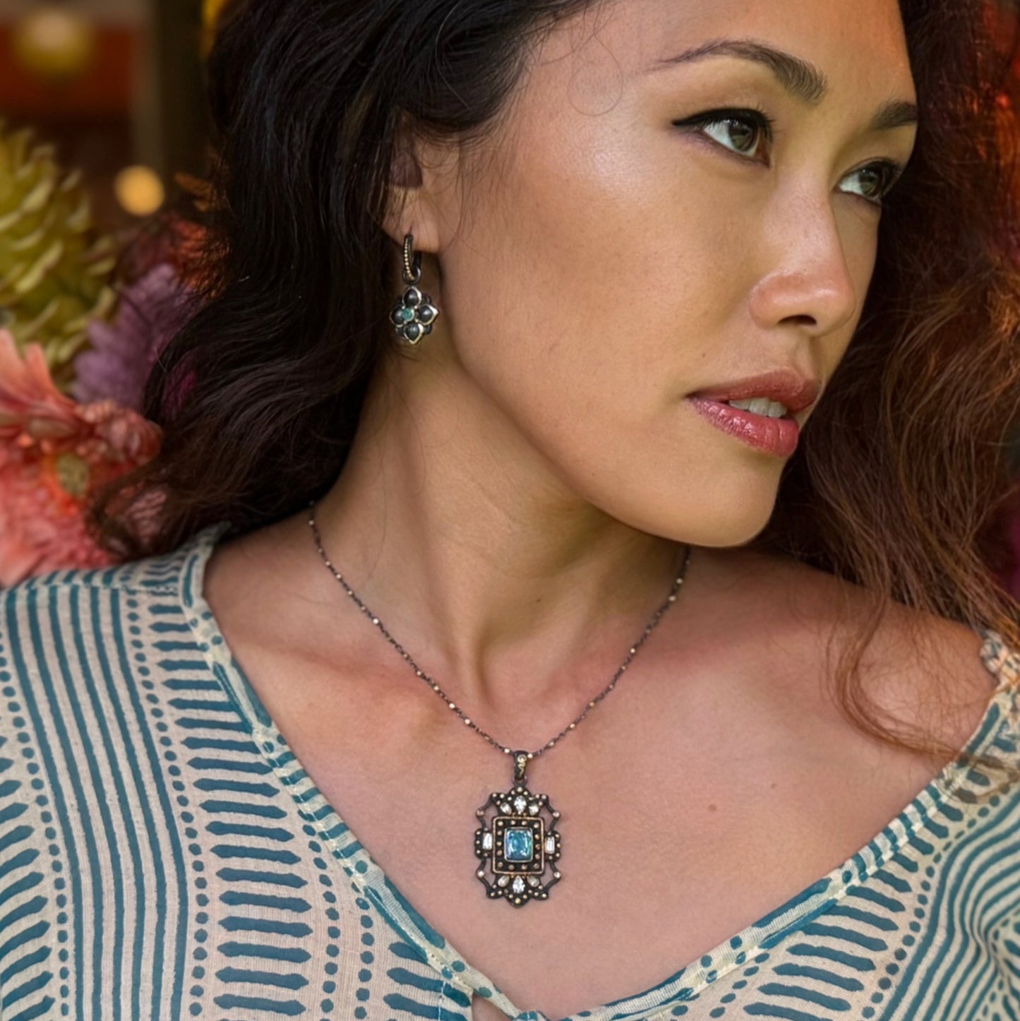 "Damanhur" Pendant (Australian Opal, White Sapphire, 22k, 18k Gold, Oxidized Sterling Silver)