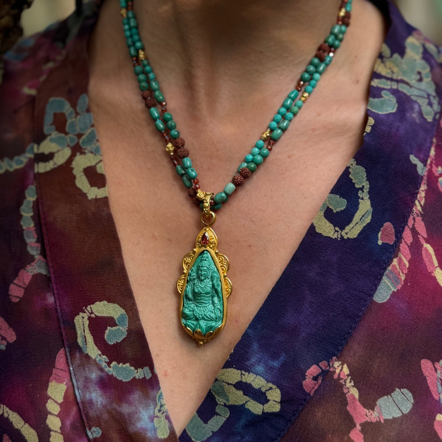 "Tirtagangga" Pendant (Carved Malachite, Ruby, Diamond, 22k, 18k Gold)