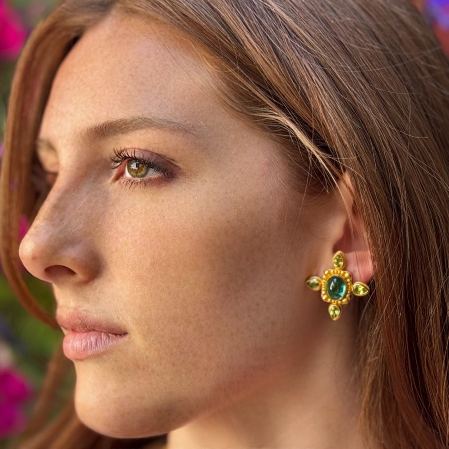 "Konstantin Cross' Stud Earrings (Green Tourmaline, Peridot, 22k Gold)