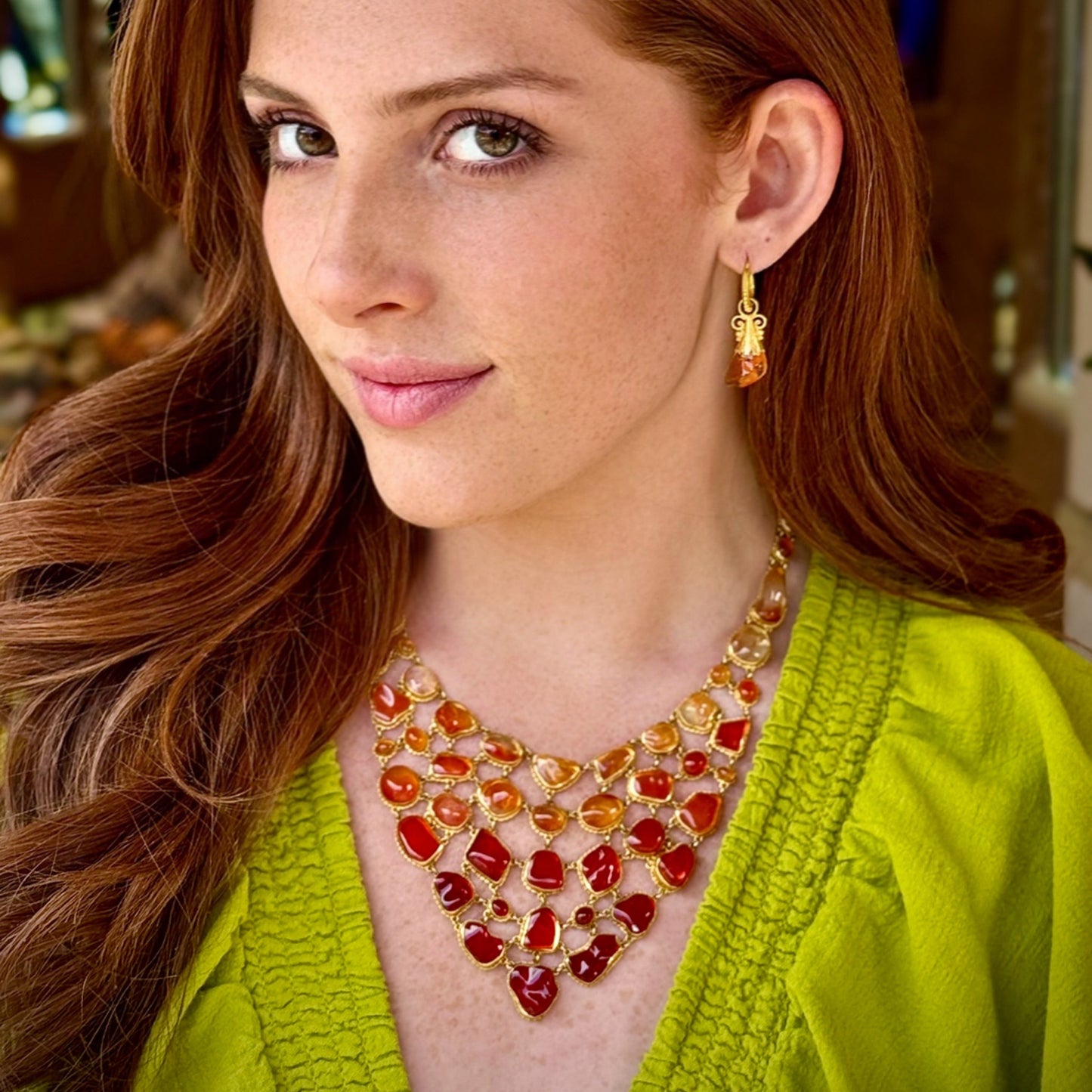 "Flame Fishnet" Bib Necklace (Mexican Fire Opal, 18k, 22k Gold)