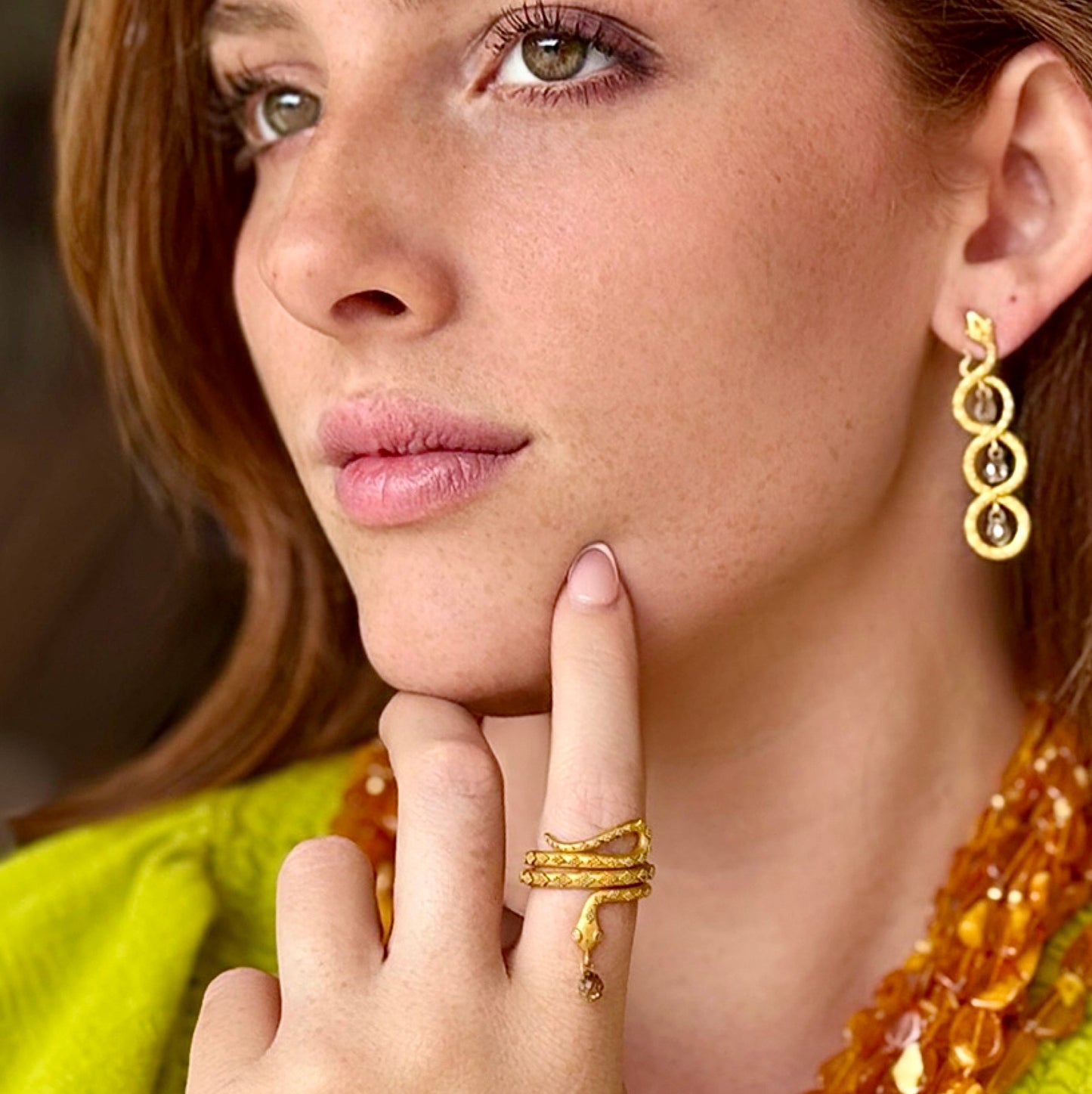 "Coiled Snake" Ring (White Zircon, 22k Gold)