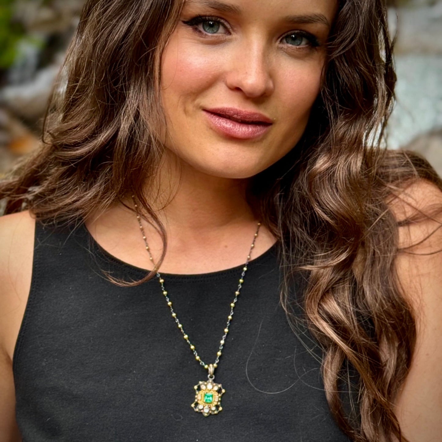 "Damanhur" Pendant (Emerald, White Sapphire, 22k Gold, Oxidized Sterling Silver)