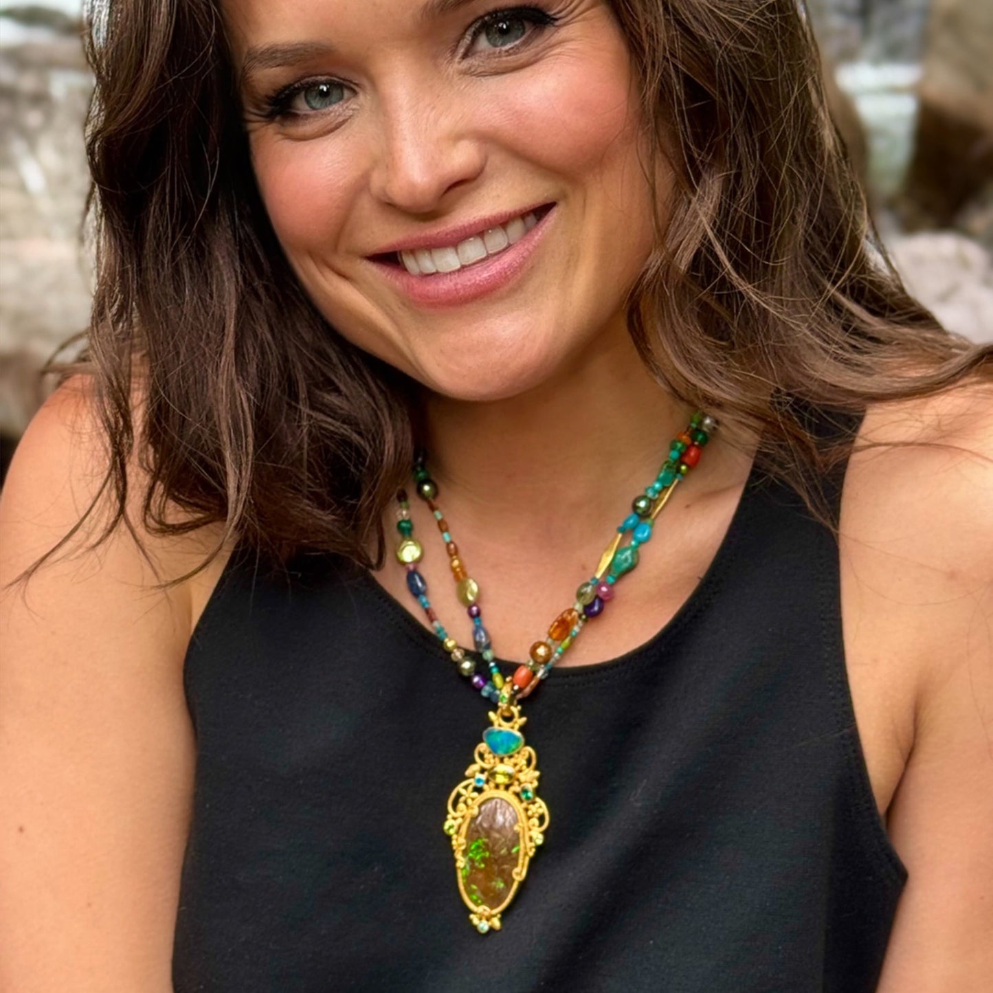 "Faerie" Pendant (Australian Yowah and Boulder Opal, Garnet, Sphene, Peridot, 22k Gold)