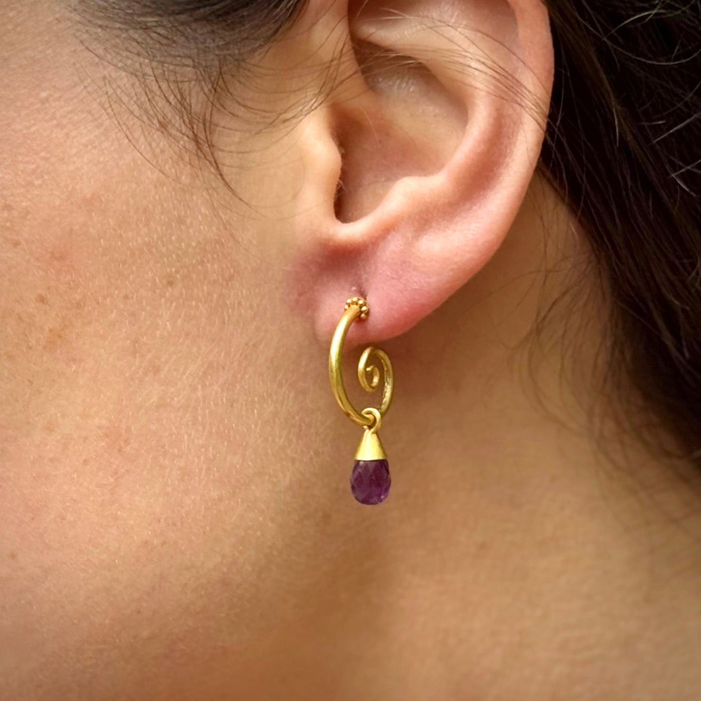 "Curlicue Drop" Earrings (Amethyst, 18k, 22k Gold)