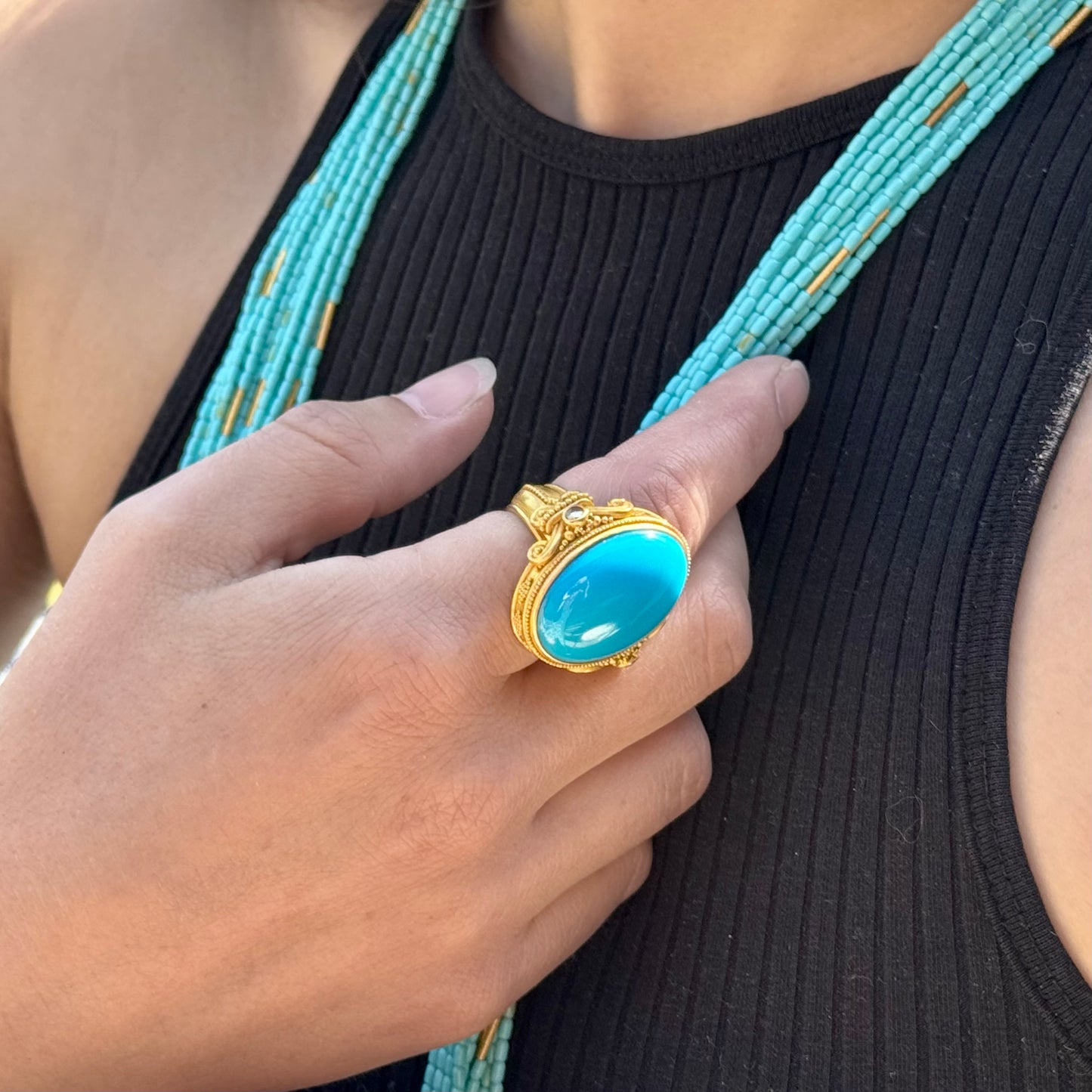 "Fleur de Lys" Ring (Sleeping Beauty Turquoise, Diamond, 22k Gold)
