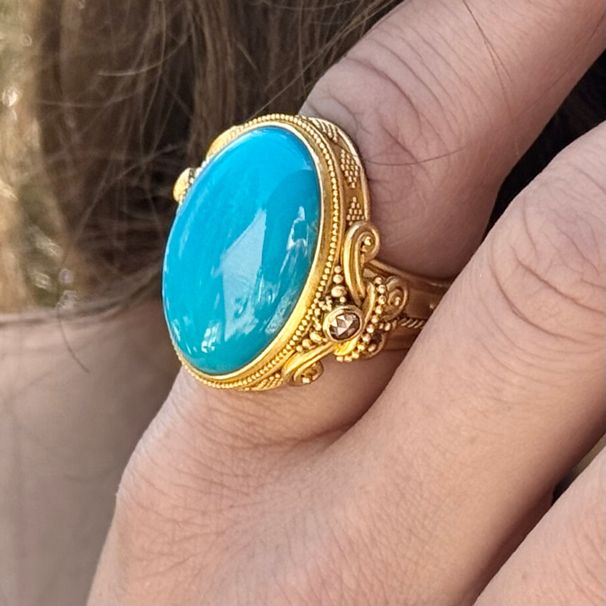 "Fleur de Lys" Ring (Sleeping Beauty Turquoise, Diamond, 22k Gold)