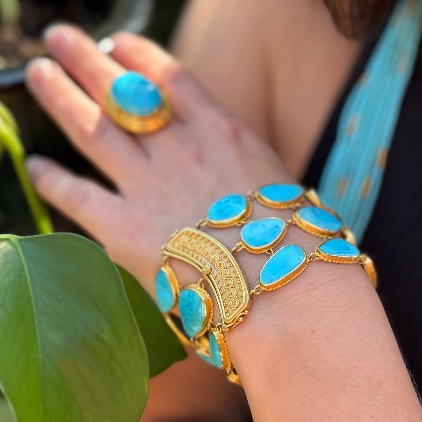"Cielo Fishnet" Bracelet (Arizona Sleeping Beauty Turquoise, 22k Gold)