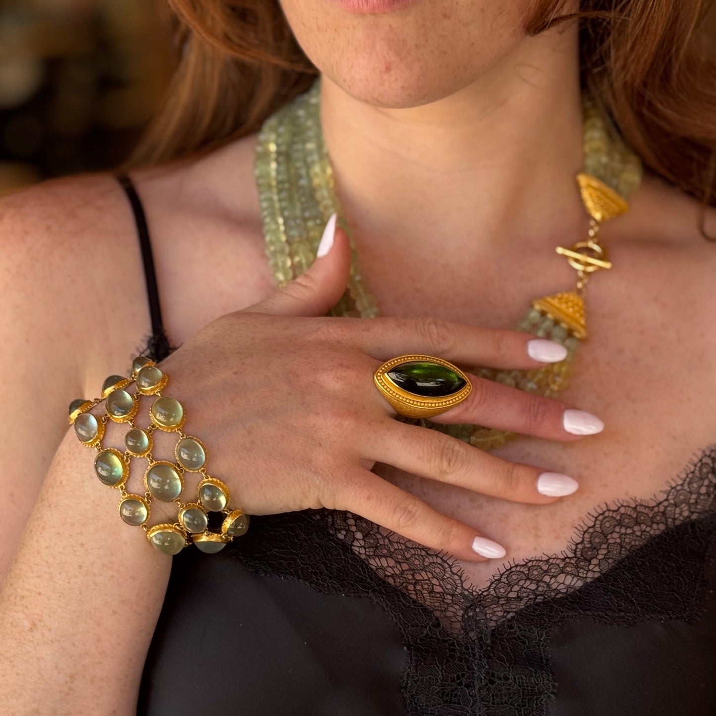 "Misty Spring Fishnet" Bracelet (Australian Prehnite, 22k Gold)