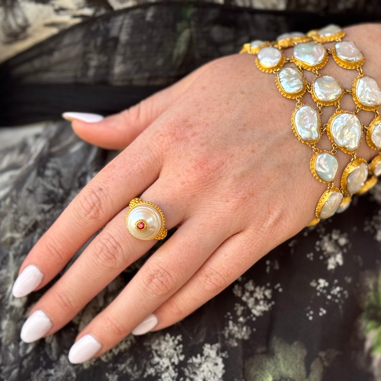 "Studded Ben" Ring (South Sea Pearl, Ruby, 22k Gold)