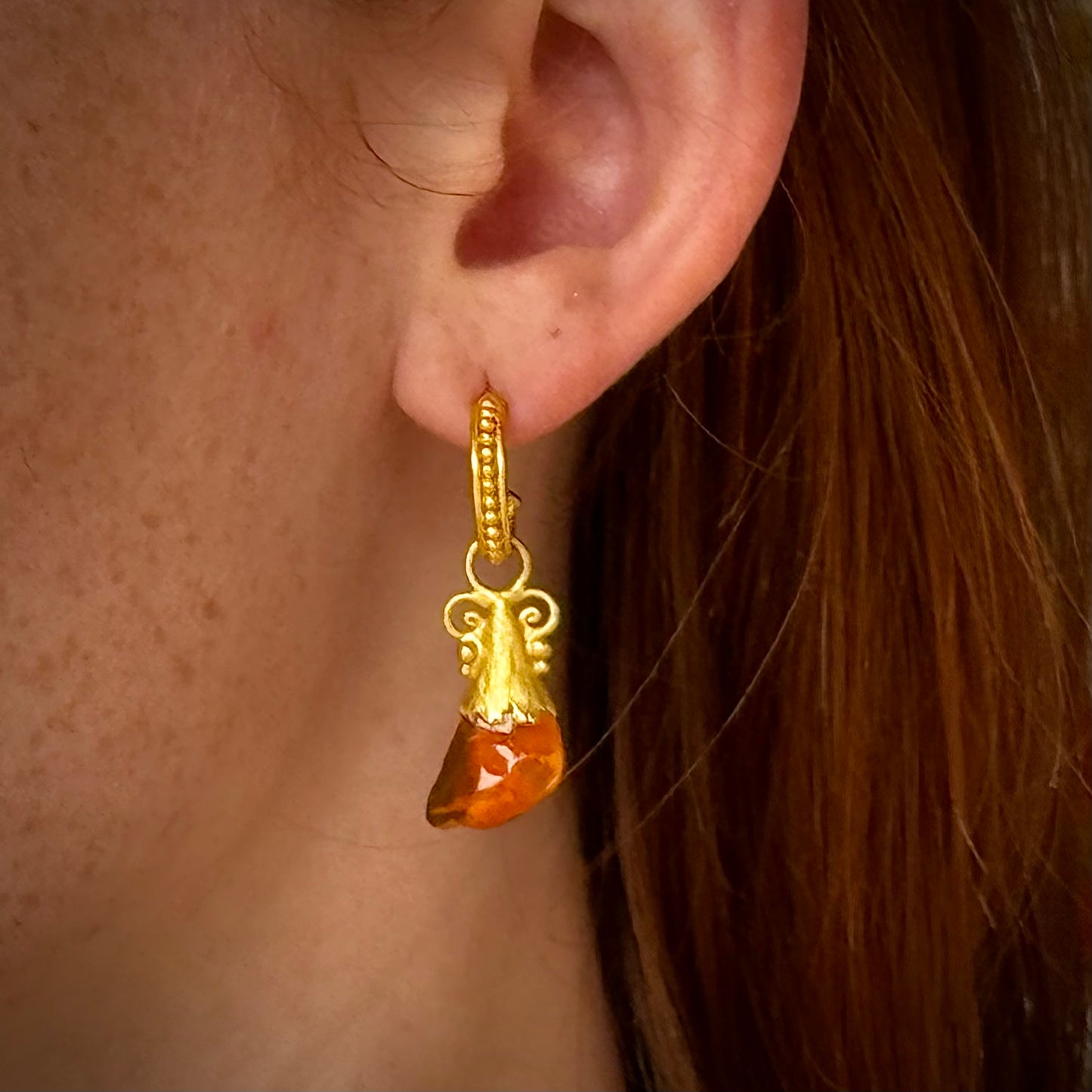 "Kilauea" Drops for Hoop Earrings (Mexican Fire Opal, 18k, 22k Gold)