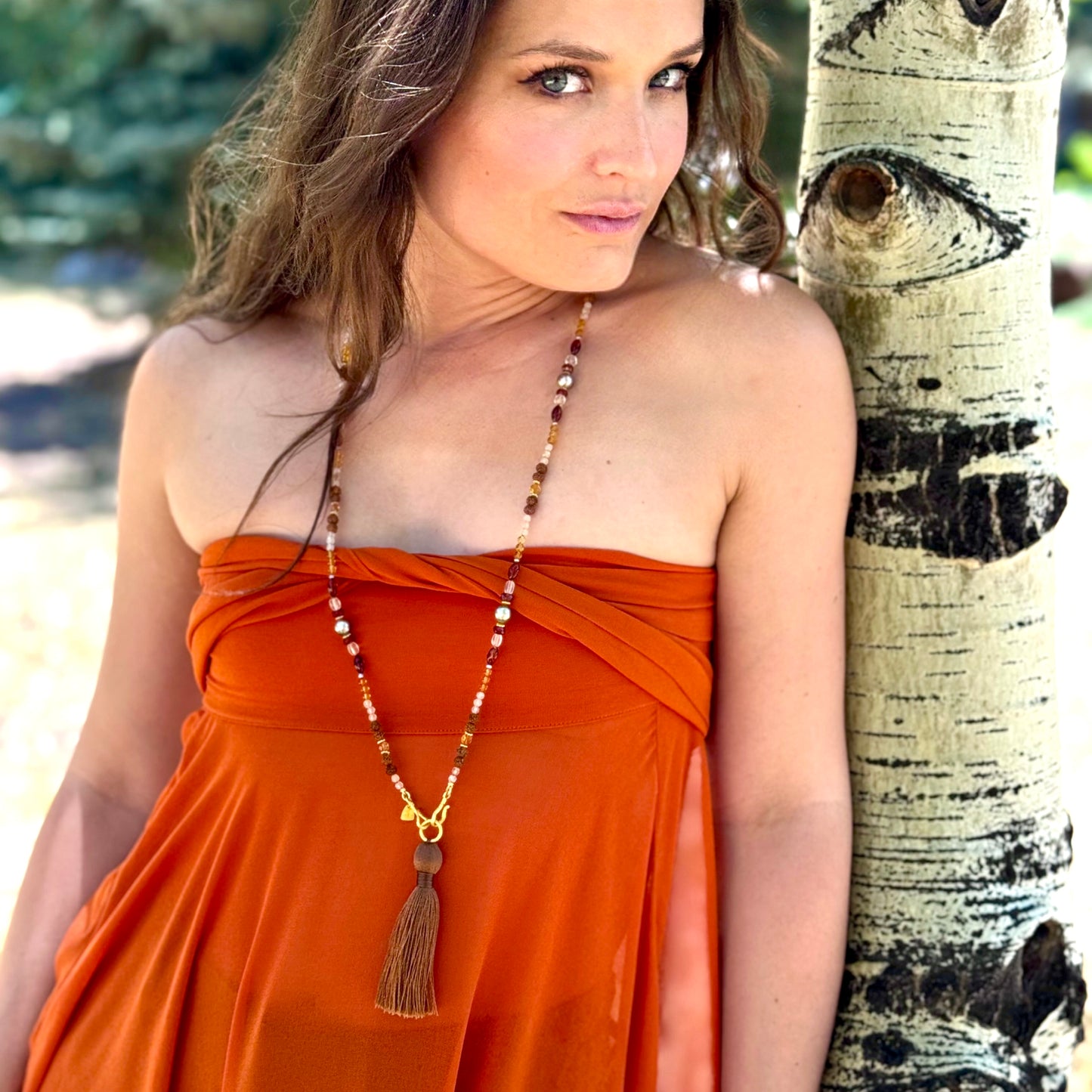 "Udaipur" Necklace (Amber, Quartz Crystal, Garnet, Tahitian Pearl, 18k Gold)
