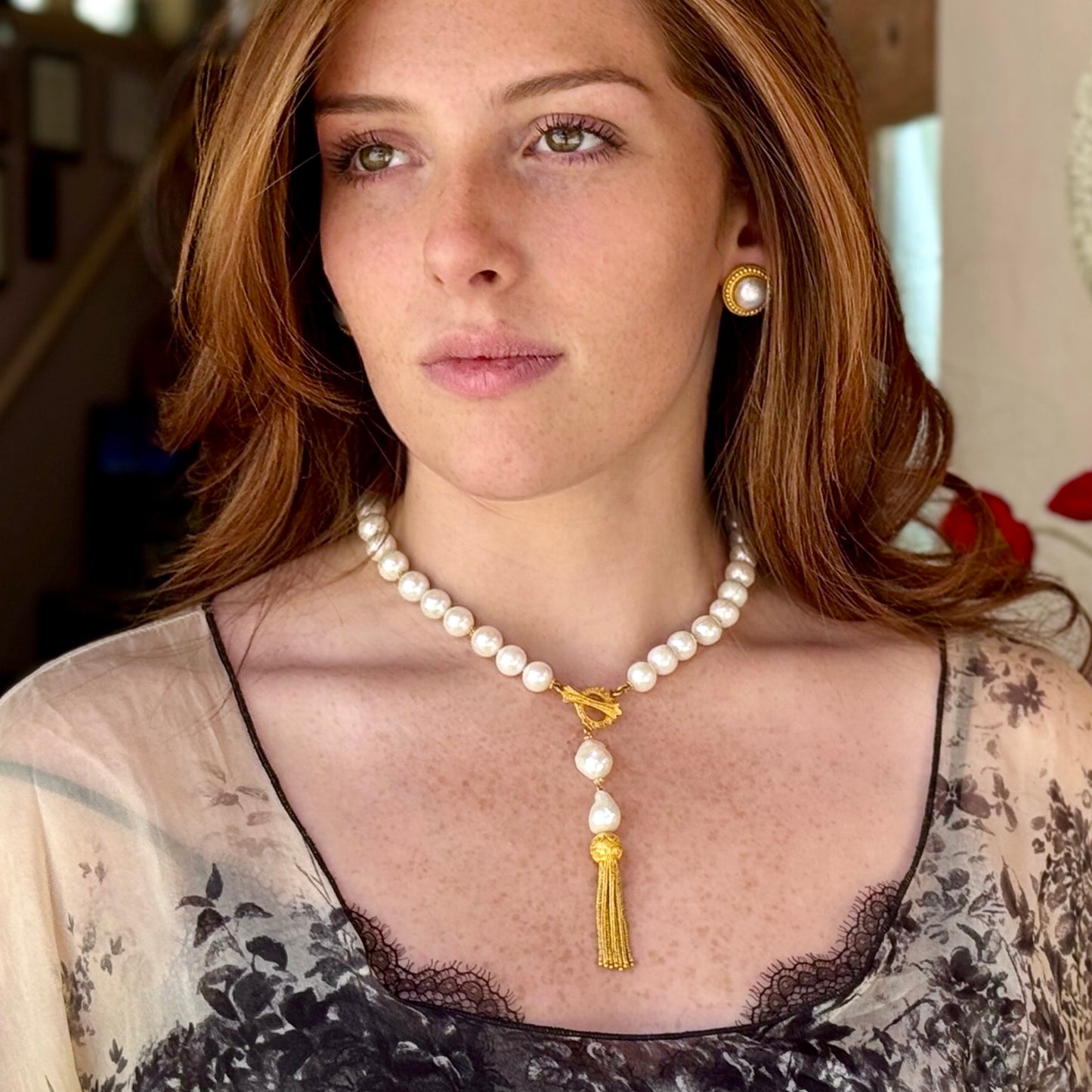 "Lola Y Tassel" Necklace (White Freshwater Pearl, 22k, 18k Gold)