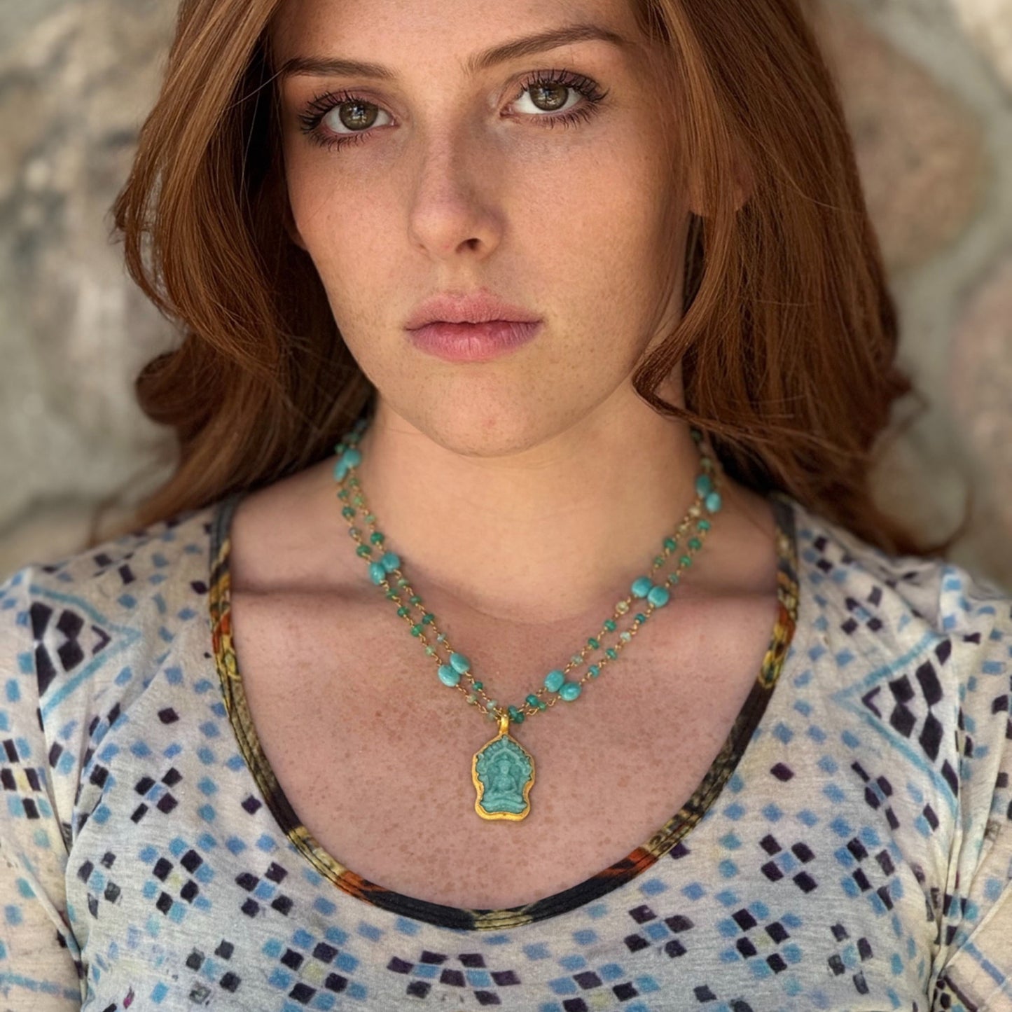 "Buddha Shrine" Pendant (Hand-carved Amazonite, 22k, 18k Gold)