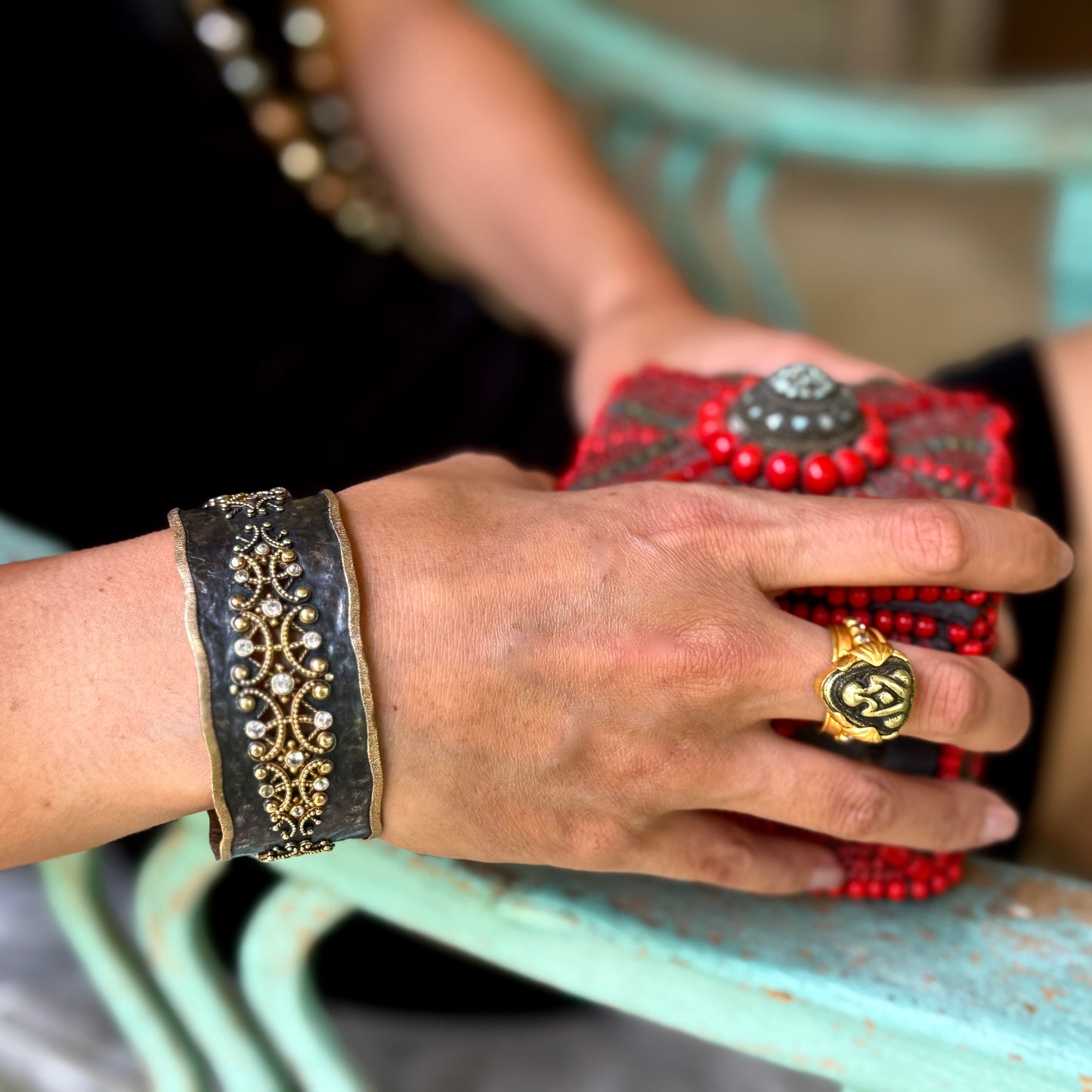 "Dubrovnik" Cuff Bracelet (Diamond, Oxidized Silver, 22k Gold)