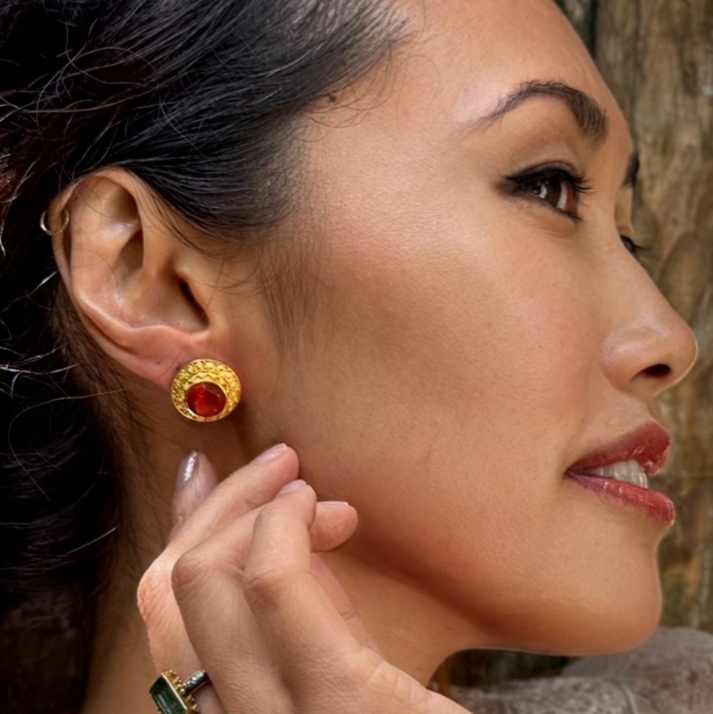 "Spiral" Stud Earrings (Mexican Fire Opal, 22k, 18k Gold)