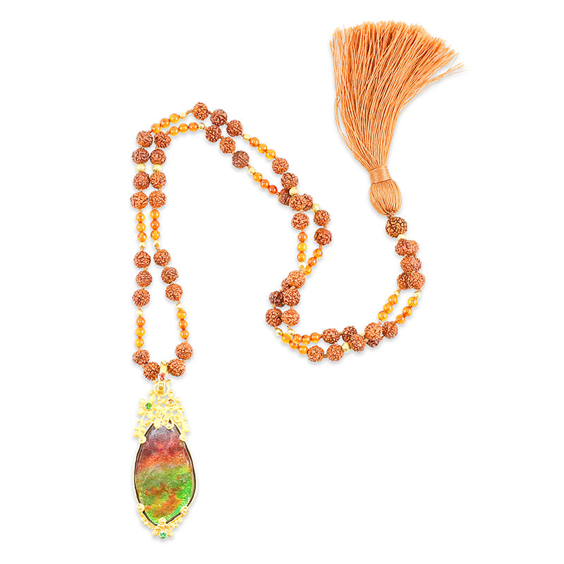 "Faerie" Pendant (Fossil Ammolite, Zircon, Garnet, 22k Gold)