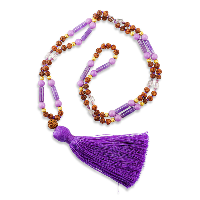 "Udaipur" Necklace (Rudraksha seeds, Phosphosiderite, Amethyst, Quartz, 22k Gold, Purple Silk Tassel)