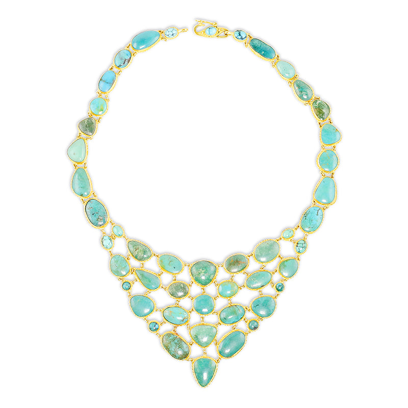 "Arizona Fishnet" Bib Necklace (Turquoise, 22k, 18k Gold)