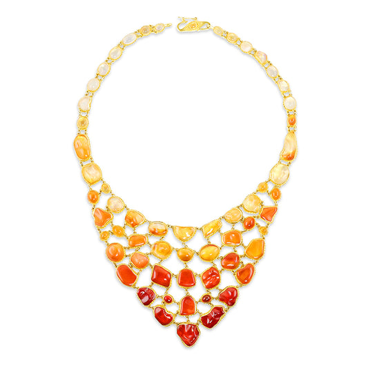 "Flame Fishnet" Bib Necklace (Mexican Fire Opal, 18k, 22k Gold)