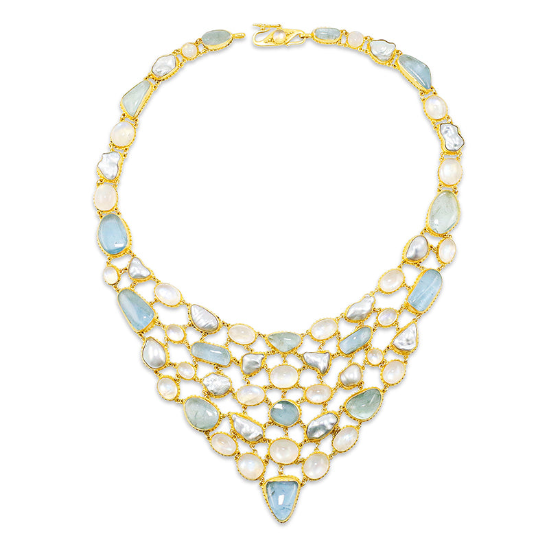 "Aqua Fishnet" Bib Necklace (Aquamarine, Moonstone, Pearl, 18k, 22k Gold)