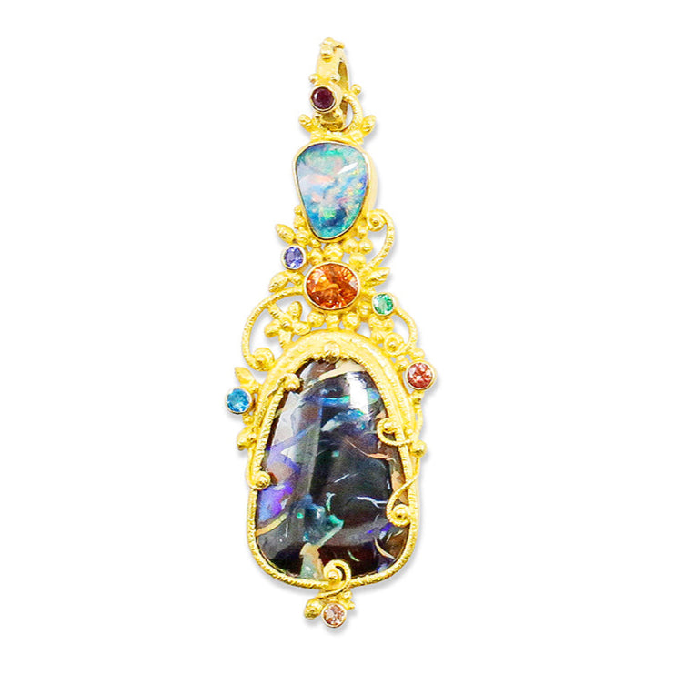 "Faerie" Pendant (Australian Lightning Ridge and Yowah Opal, Apatite, Sapphire, 22k Gold)