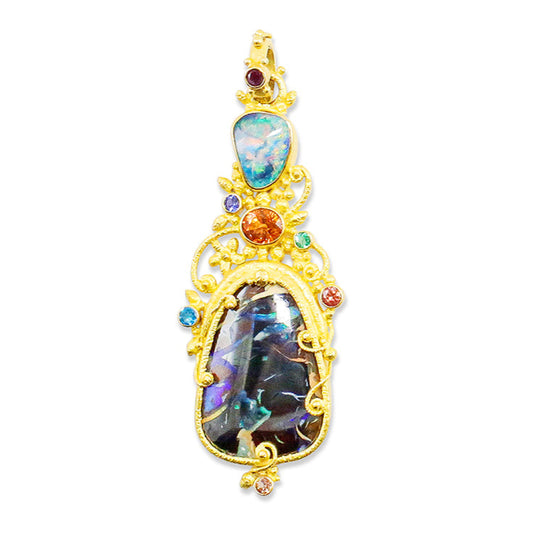 "Faerie" Pendant (Australian Lightning Ridge and Yowah Opal, Apatite, Sapphire, 22k Gold)