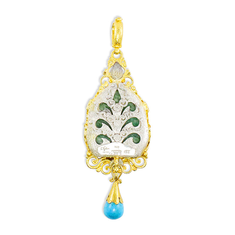 "Candi Shrine" Pendant (Hand-Carved Emerald, Turquoise, 22km, 18k Gold)