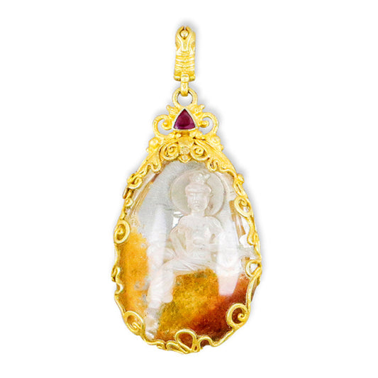 "Seat of Heaven" Pendant (Hand-Carved Quartz Crystal, Ruby, 22k Gold)