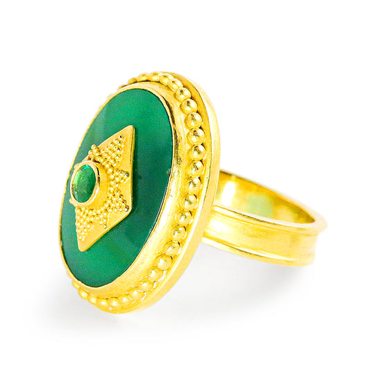 "Gatsby" Ring (Green Agate, Emerald, 18k, 22k Gold, Rhodium)