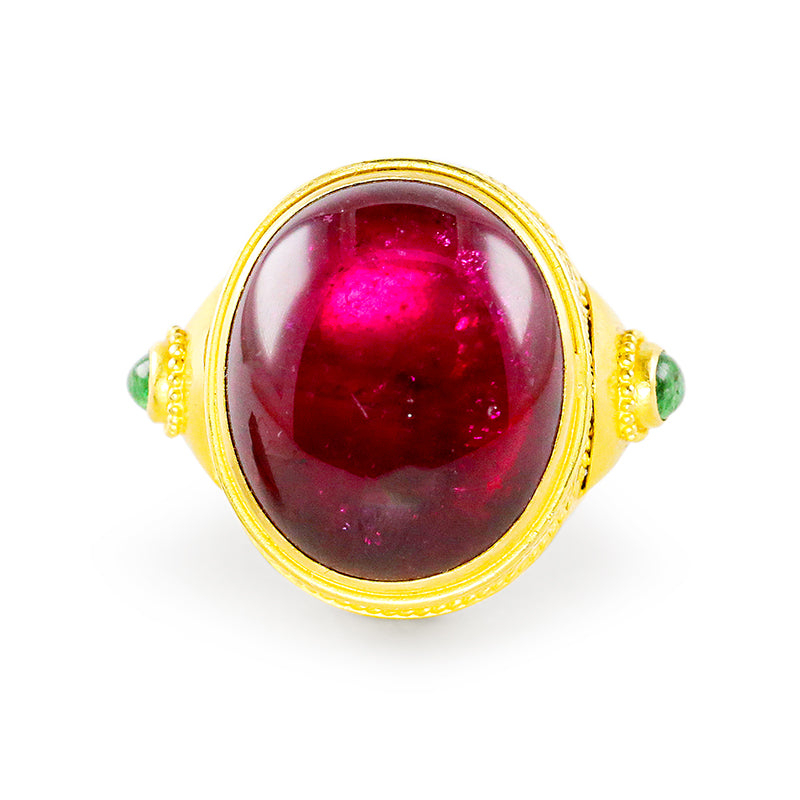 "Nefertiti" Ring (Rubellite Tourmaline, Green Tsavorite Garnet, 22k Gold)