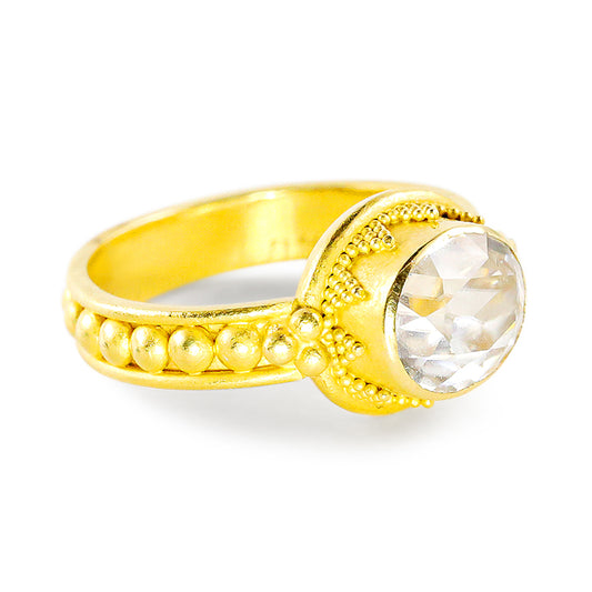 "Fancy Sparkler" Ring (White Cambodian Zircon, 22k Gold)