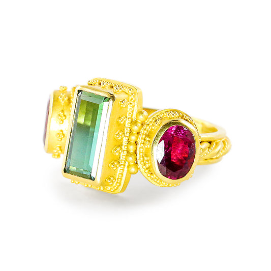 "Adrienne" Ring (Blue-Green and Rubellite Tourmaline, 22k Gold)