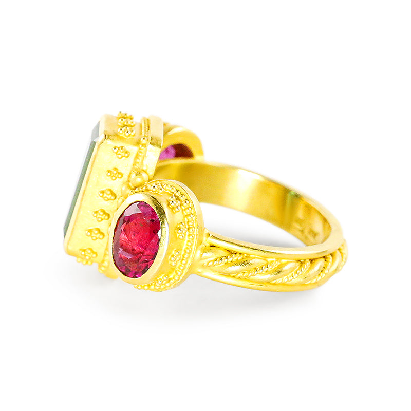 "Adrienne" Ring (Blue-Green and Rubellite Tourmaline, 22k Gold)