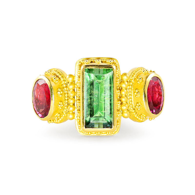 "Adrienne" Ring (Blue-Green and Rubellite Tourmaline, 22k Gold)