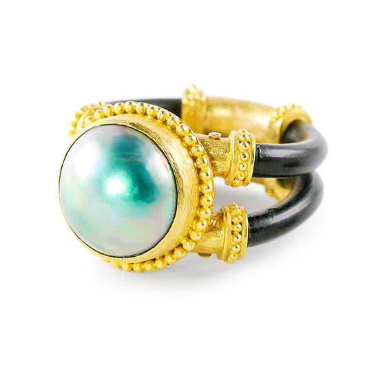 "Devlin" Ring (Mabe Pearl, Neoprene Rubber, 22k, 18k Gold)