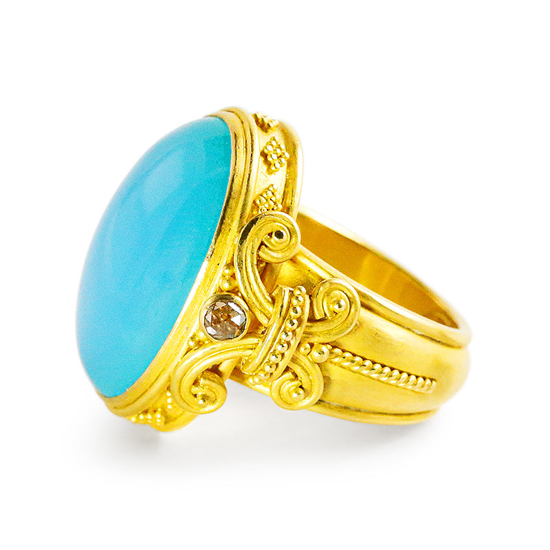 "Fleur de Lys" Ring (Blue Chalcedony Agate, Diamond, 22k Gold)