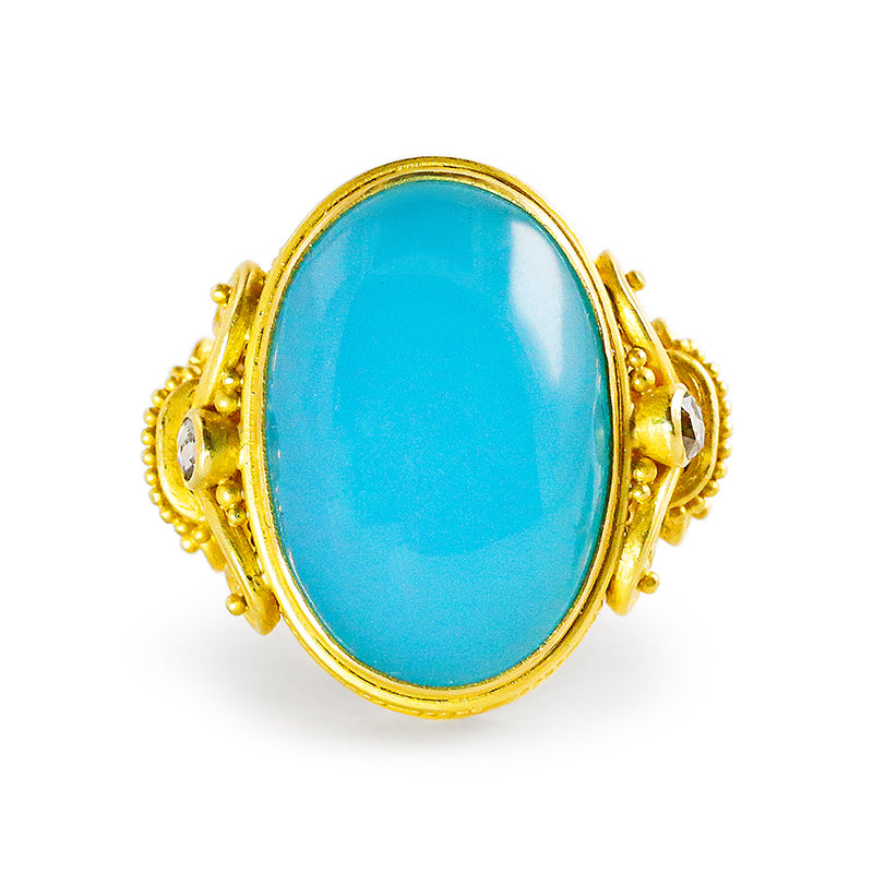 "Fleur de Lys" Ring (Blue Chalcedony Agate, Diamond, 22k Gold)