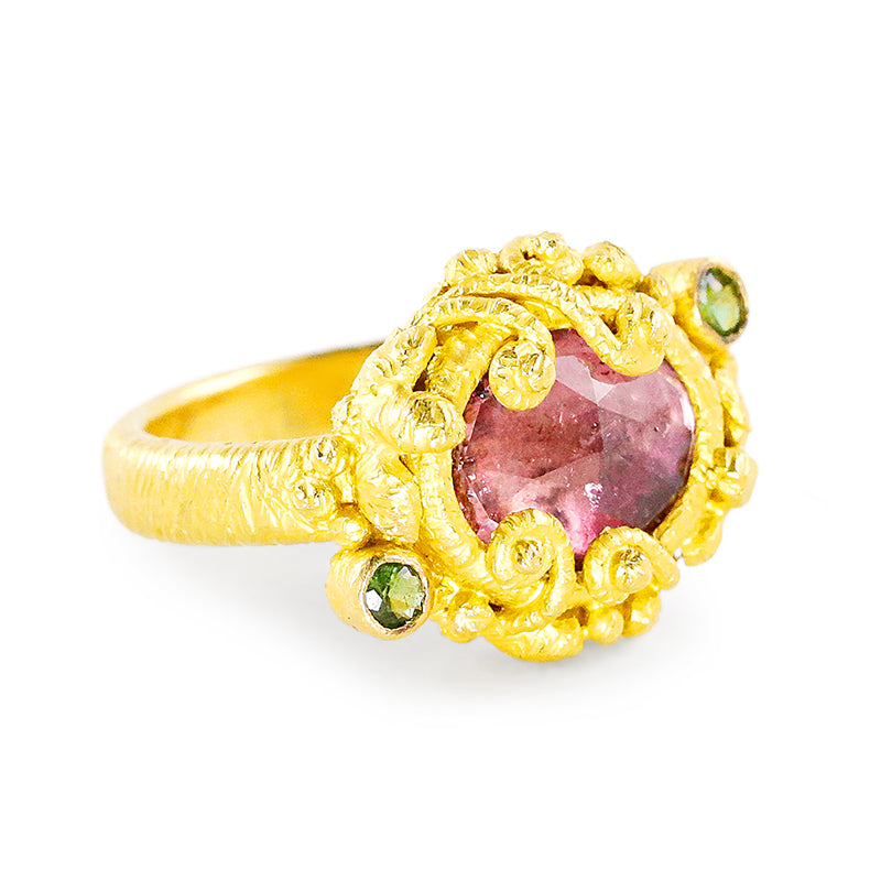 "Faerie" Ring (Pink and Green Tourmaline, 22k Gold)