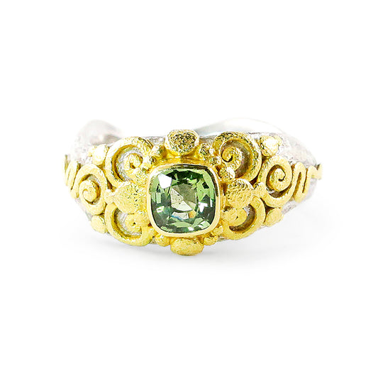 "Glastonbury" Ring (Green Sapphire, 22k Gold, Sterling Silver)