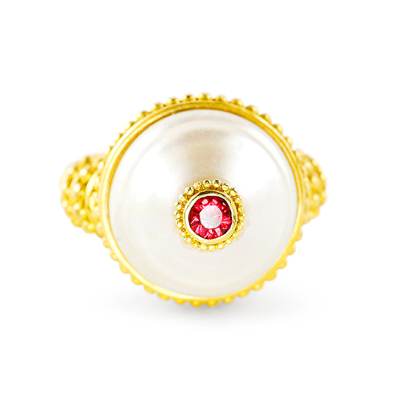 "Studded Ben" Ring (South Sea Pearl, Ruby, 22k Gold)